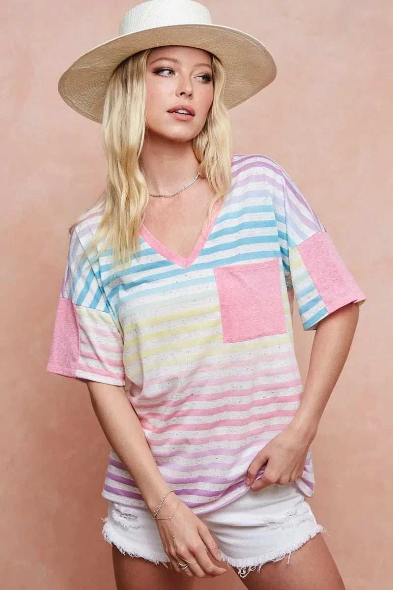 BiBi Rainbow Stripe Printed Triblend Knit Top - Trendsi - Flyclothing LLC