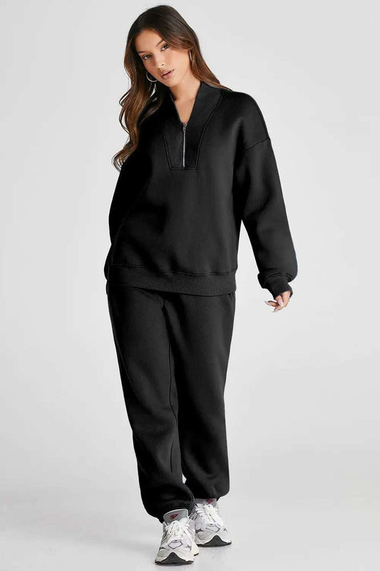Quarter Zip Long Sleeve Top and Pants Set - Trendsi - Flyclothing LLC