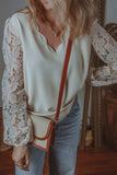 V Neck Lace Balloon Sleeve Blouse - Trendsi - Flyclothing LLC