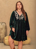 Plus Size Embroidered V-Neck Long Sleeve Dress - Trendsi - Flyclothing LLC