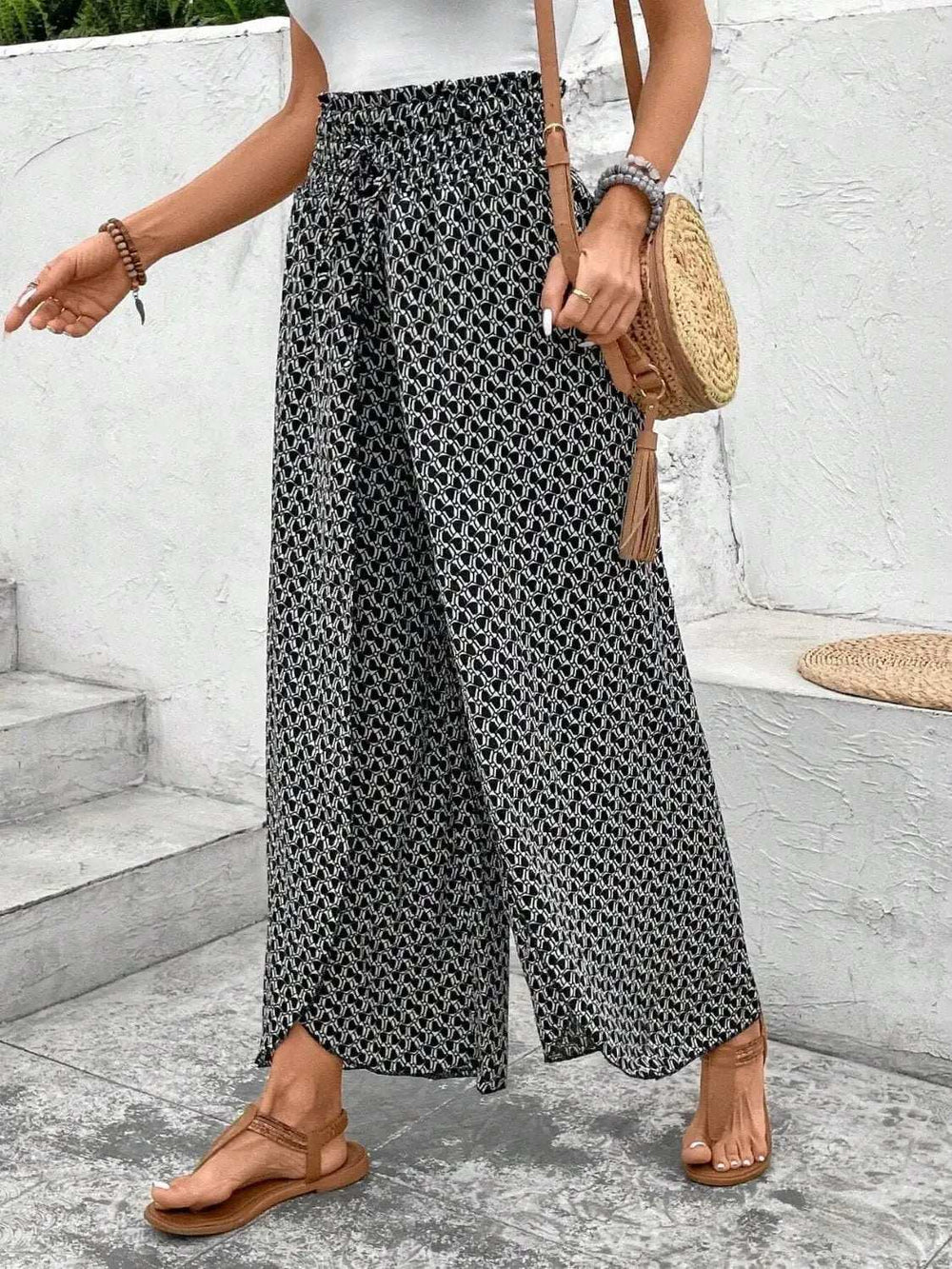 Tied Printed Wide Leg Pants - Trendsi - Flyclothing LLC