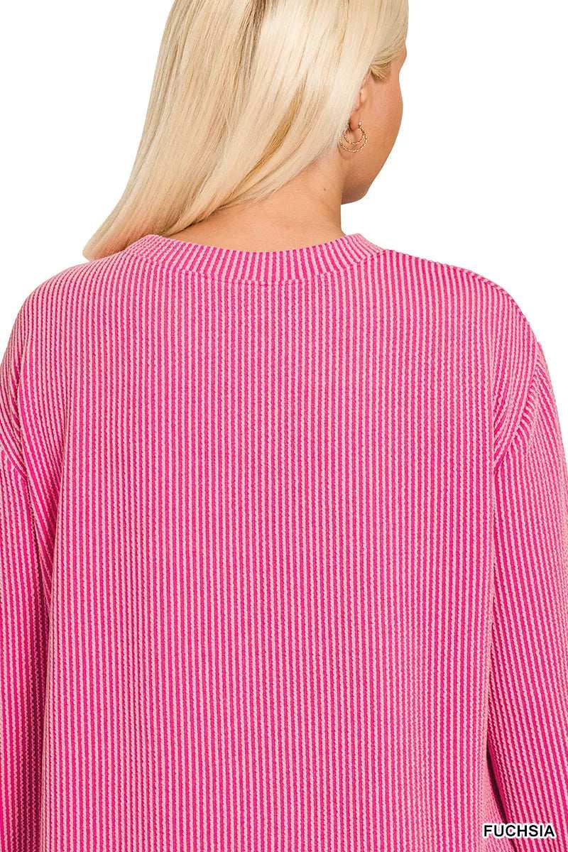 Zenana Full Size Raised Rib Round Neck Long Sleeve Top Plus Size - Trendsi - Flyclothing LLC