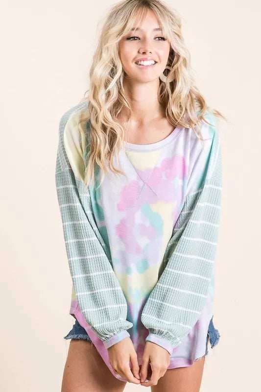 BiBi Tie Dye Terry Top with Wide Stripe Thermal Waffle - Trendsi - Flyclothing LLC