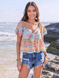 Printed Sweetheart Neck Layered Short Sleeve Blouse - Trendsi - Flyclothing LLC