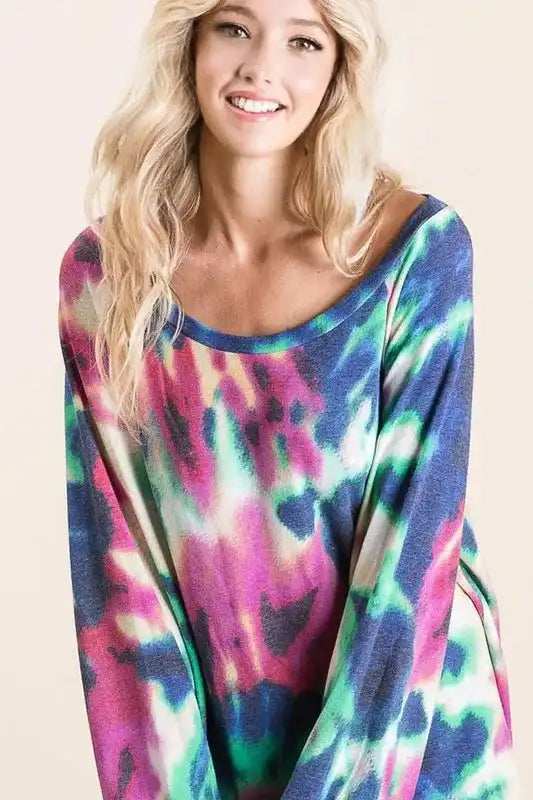 BiBi Tie Dye Print Terry Top with Puff Sleeves - Trendsi - Flyclothing LLC