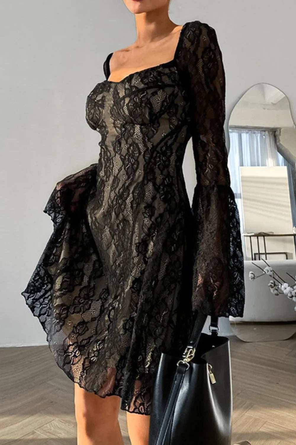 Lace Sweetheart Neck Flare Sleeve Mini Dress - Trendsi - Flyclothing LLC