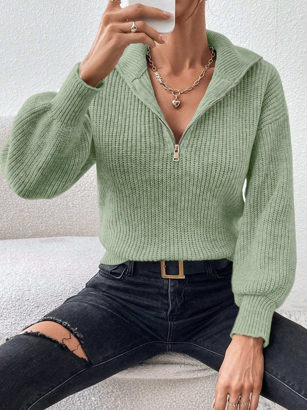 Honey Half Zip Dropped Shoulder Sweater - Trendsi - Flyclothing LLC