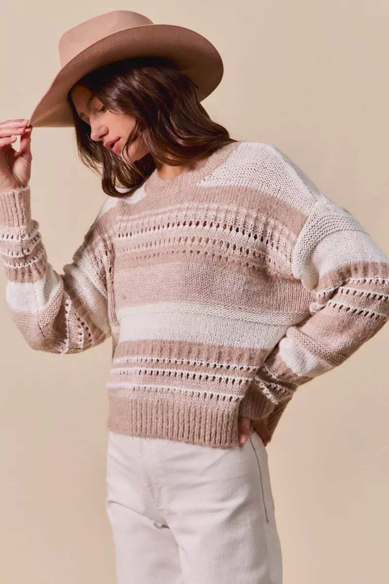 SO ME Variegated Stripe Textured Loose Fit Sweater - Trendsi - Flyclothing LLC