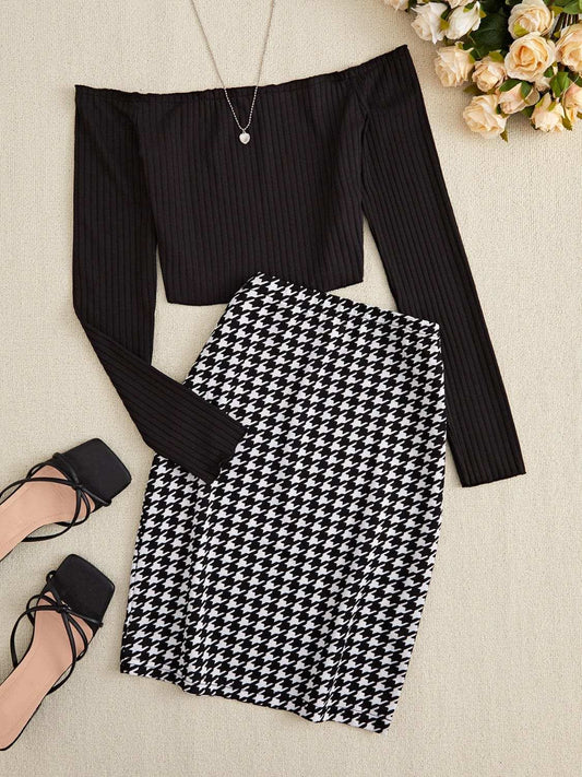 Off-Shoulder Long Sleeve Top and Houndstooth Skirt Set - Trendsi - Flyclothing LLC