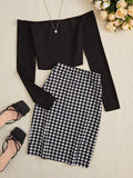 Off-Shoulder Long Sleeve Top and Houndstooth Skirt Set - Trendsi - Flyclothing LLC