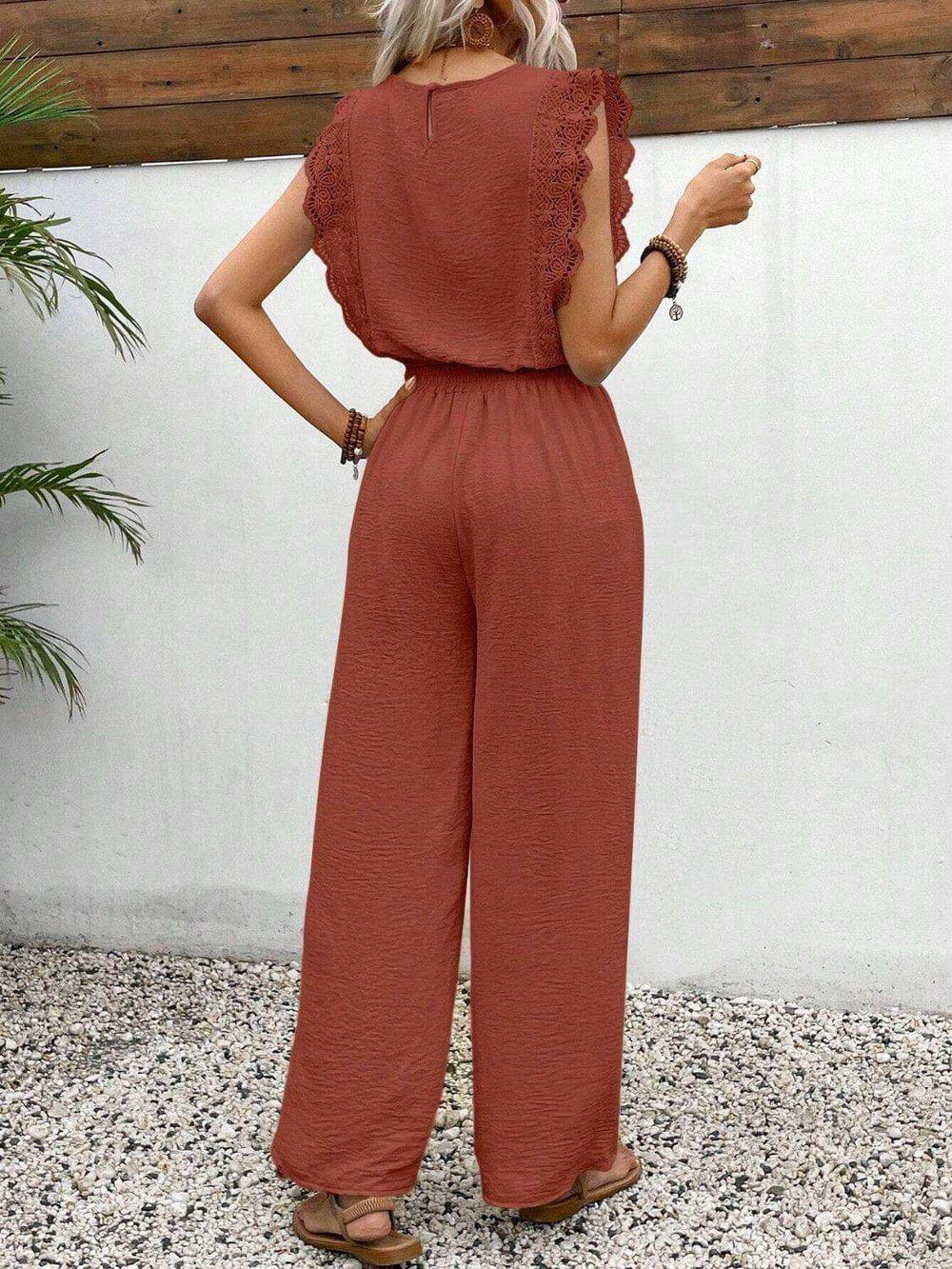 Lace Trim Round Neck Top and Pants Set - Trendsi - Flyclothing LLC