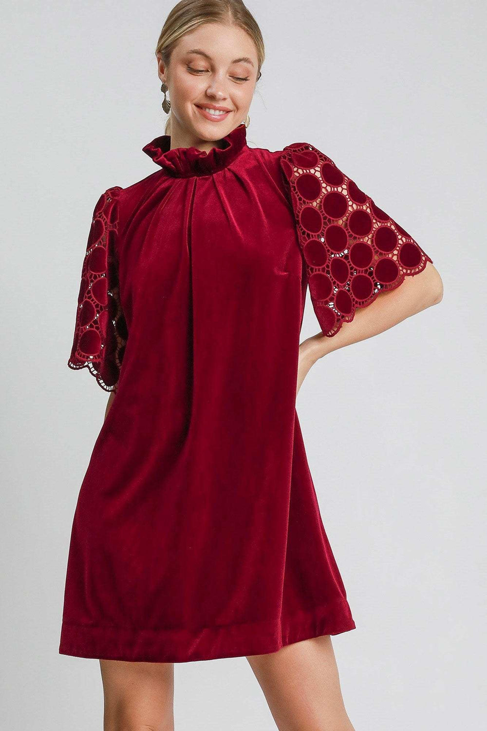 Umgee Dotted Lace Half Sleeve Mock Neck Back Tie Velvet Dress - Trendsi - Flyclothing LLC