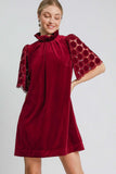 Umgee Dotted Lace Half Sleeve Mock Neck Back Tie Velvet Dress - Trendsi - Flyclothing LLC