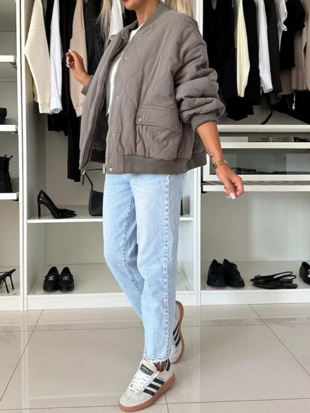 Baseball Collar Snap Down Long Sleeve Jacket - Trendsi - Flyclothing LLC