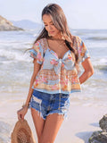 Printed Sweetheart Neck Layered Short Sleeve Blouse - Trendsi - Flyclothing LLC
