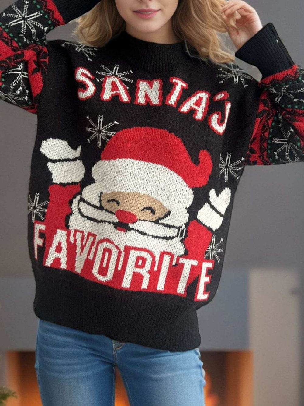 Santa Mock Neck Long Sleeve Sweater - Trendsi - Flyclothing LLC