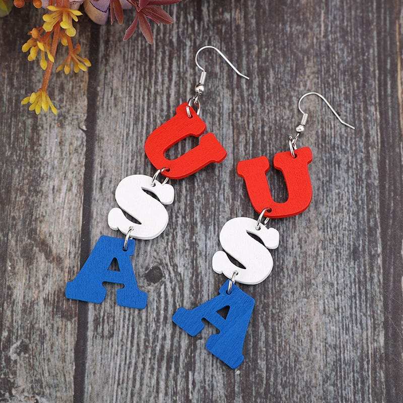 USA Wooden Letter Dangle Earrings - Trendsi - Flyclothing LLC