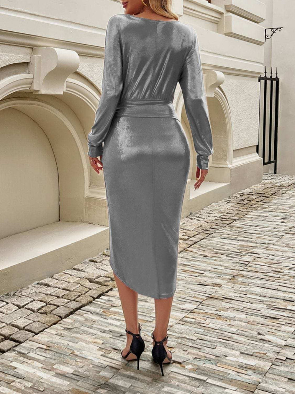 Devine Tied Boat Neck Long Sleeve Dress - Trendsi - Flyclothing LLC