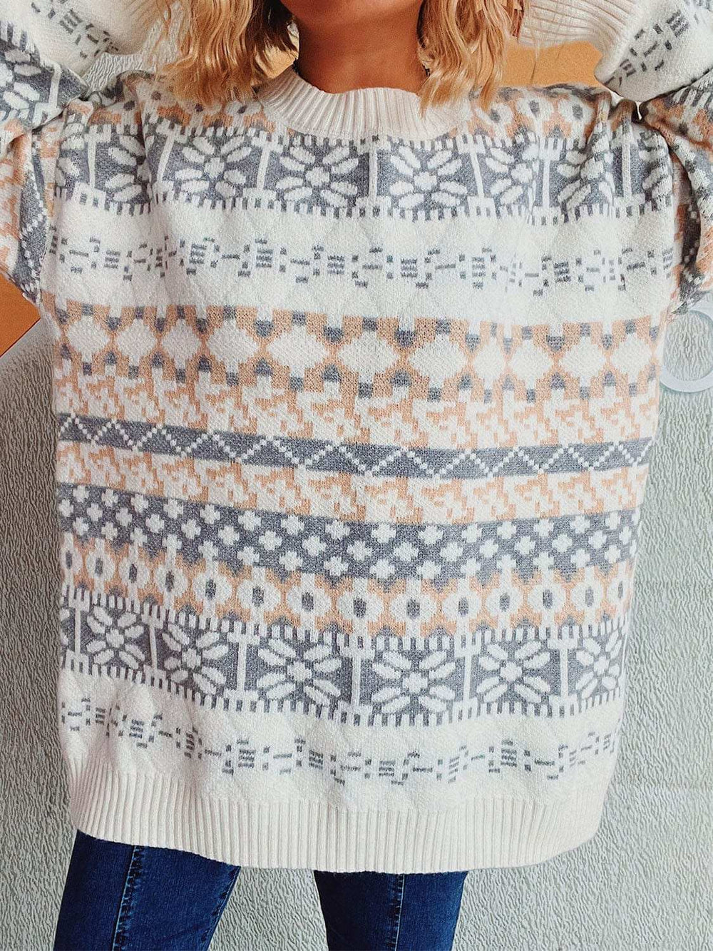 Geometric Round Neck Dropped Shoulder Sweater - Trendsi - Flyclothing LLC