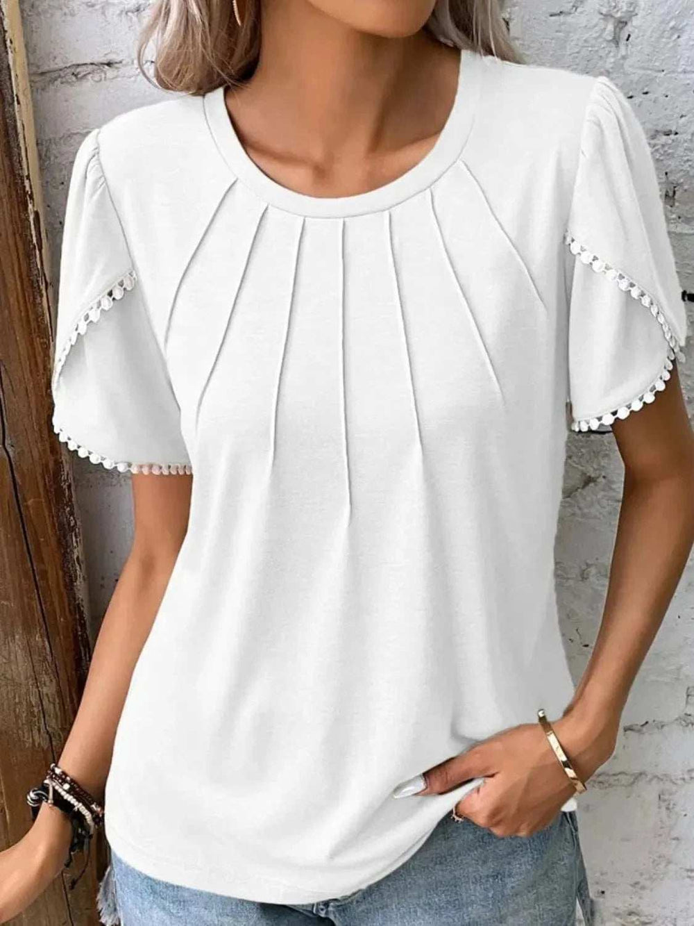 Full Size Round Neck Petal Sleeve Blouse Plus Size - Trendsi - Flyclothing LLC
