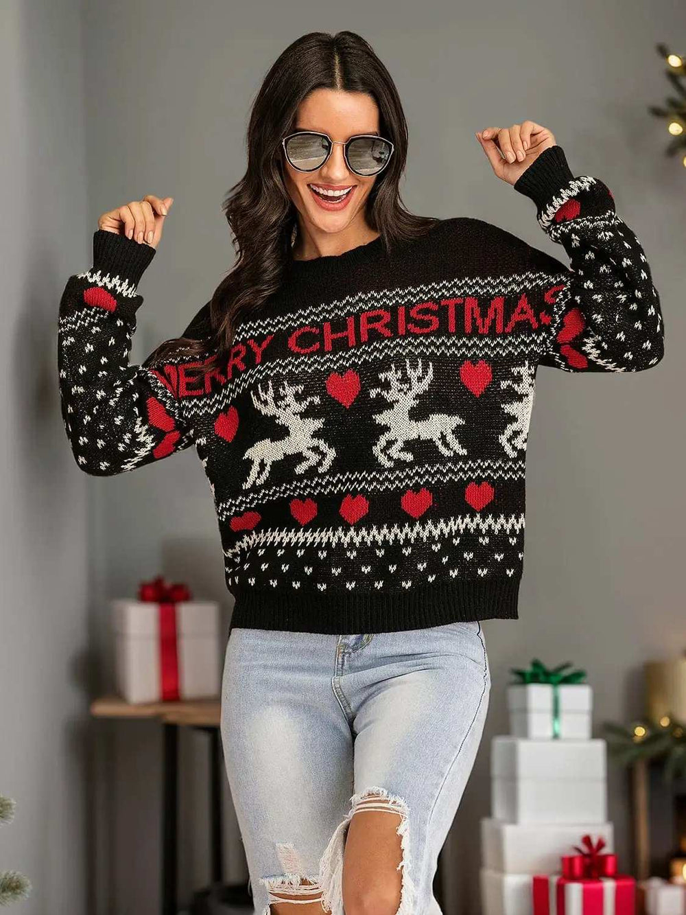 Perfee Christmas Element Round Neck Sweater - Trendsi - Flyclothing LLC