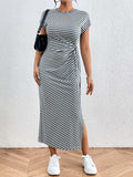 Tied Striped Round Neck Short Sleeve Tee Dress - Trendsi - Flyclothing LLC