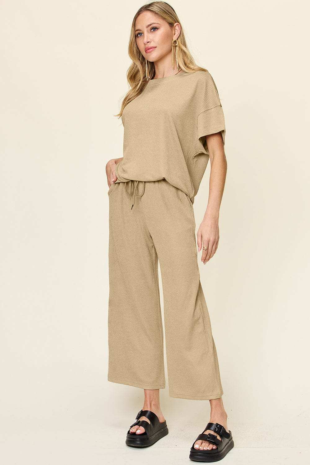 Double Take Full Size Texture Round Neck Short Sleeve T-Shirt and Wide Leg Pants - Trendsi - Flyclothing LLC