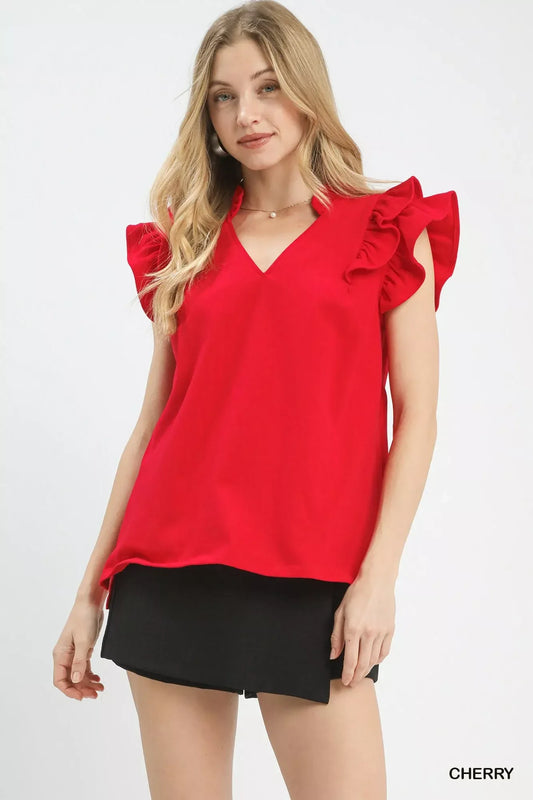 Umgee Ruffle Sleeve V-Neck Top - Trendsi - Flyclothing LLC