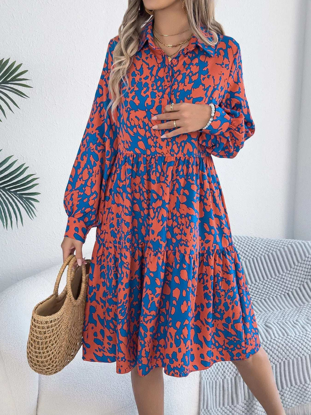 Printed Collared Neck Long Sleeve Dress - Trendsi - Flyclothing LLC