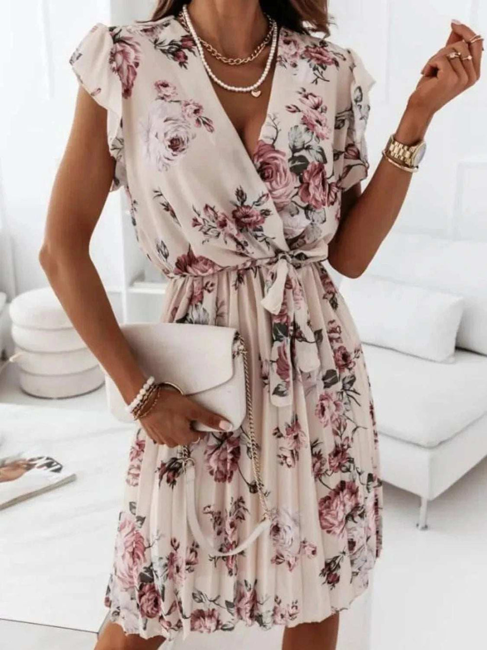 Floral Surplice Ruffled Cap Sleeve Dress - Trendsi - Flyclothing LLC