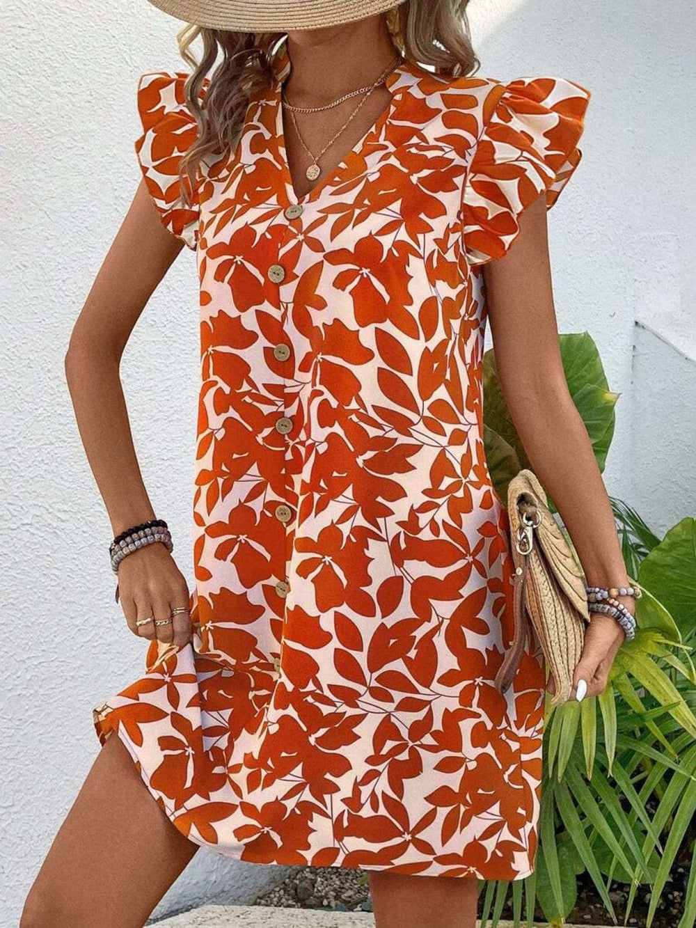Printed Notched Cap Sleeve Mini Dress - Trendsi - Flyclothing LLC