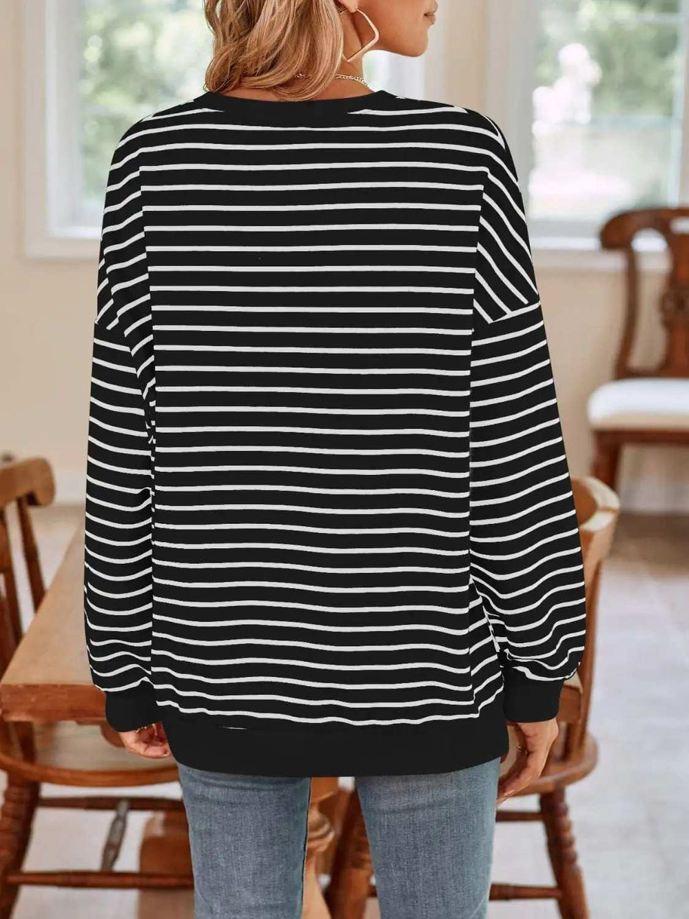 Striped Round Neck Long Sleeve Sweatshirt - Trendsi - Flyclothing LLC