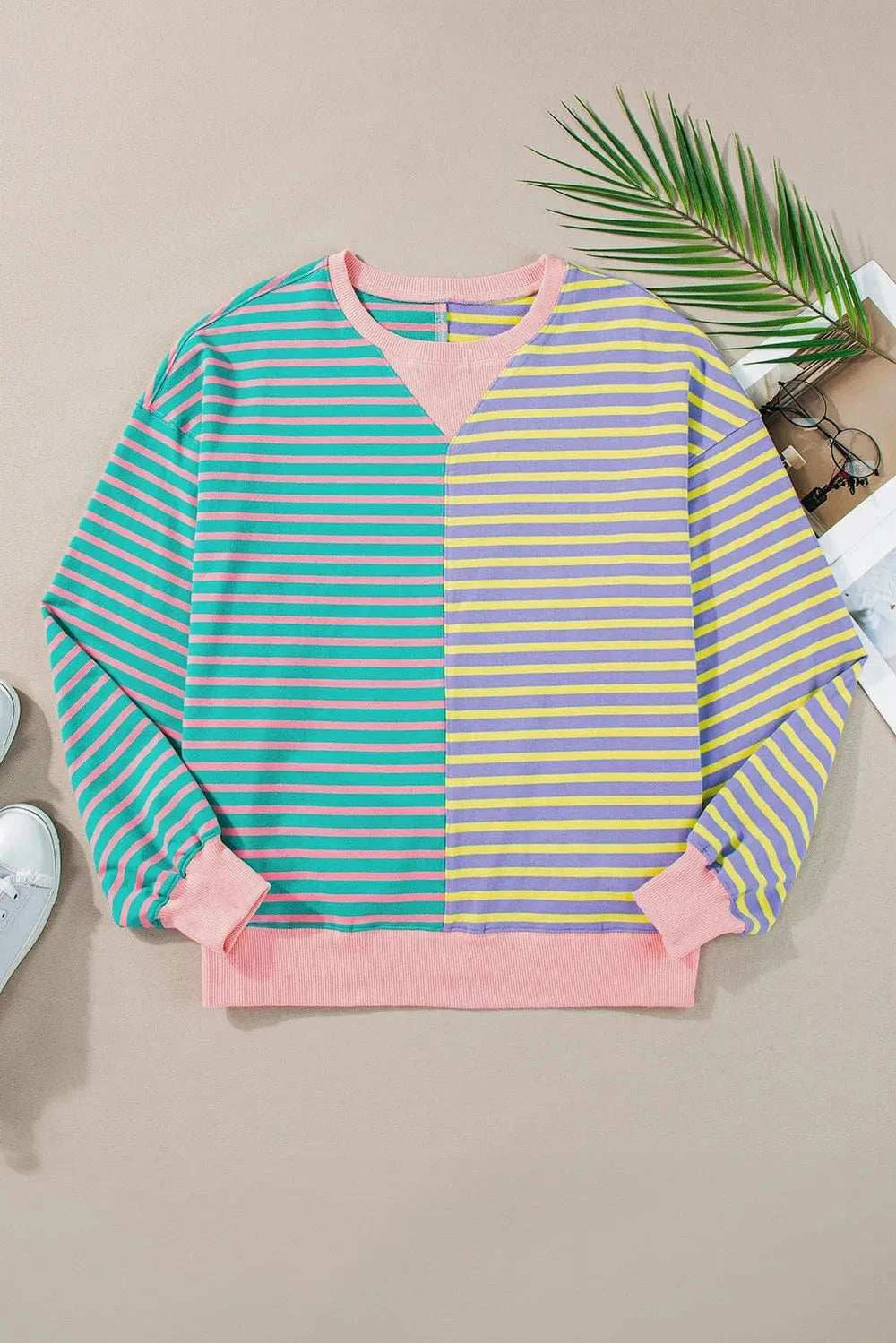Contrast Stripes Round Neck Long Sleeve Sweatshirt - Trendsi - Flyclothing LLC