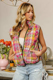 BiBi Quilted Washed Plaid Snap Down Vest - Trendsi - Flyclothing LLC