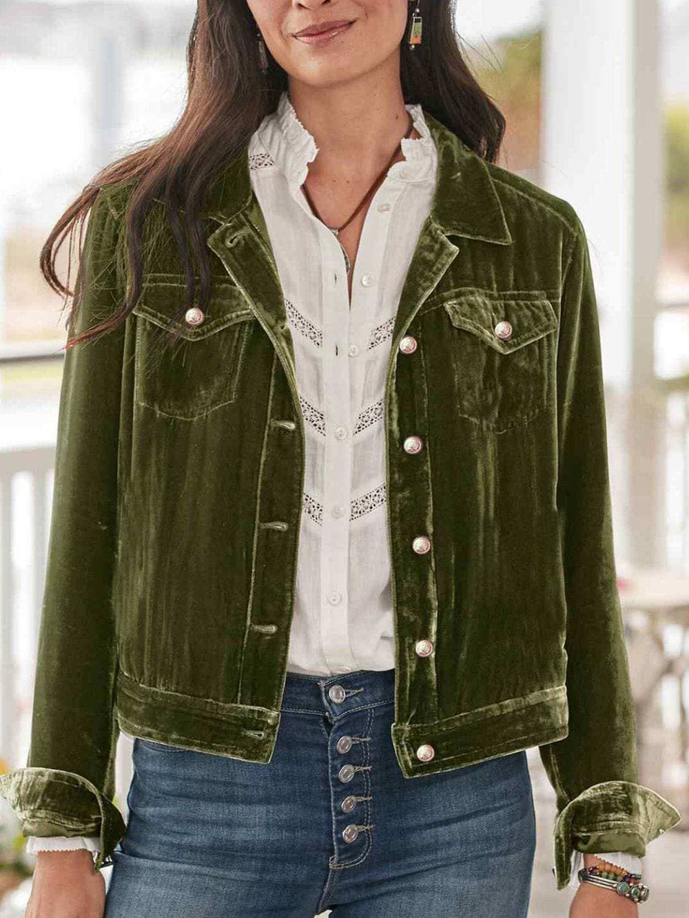 Button Up Long Sleeve Jacket with Chest Pockets - Trendsi - Flyclothing LLC