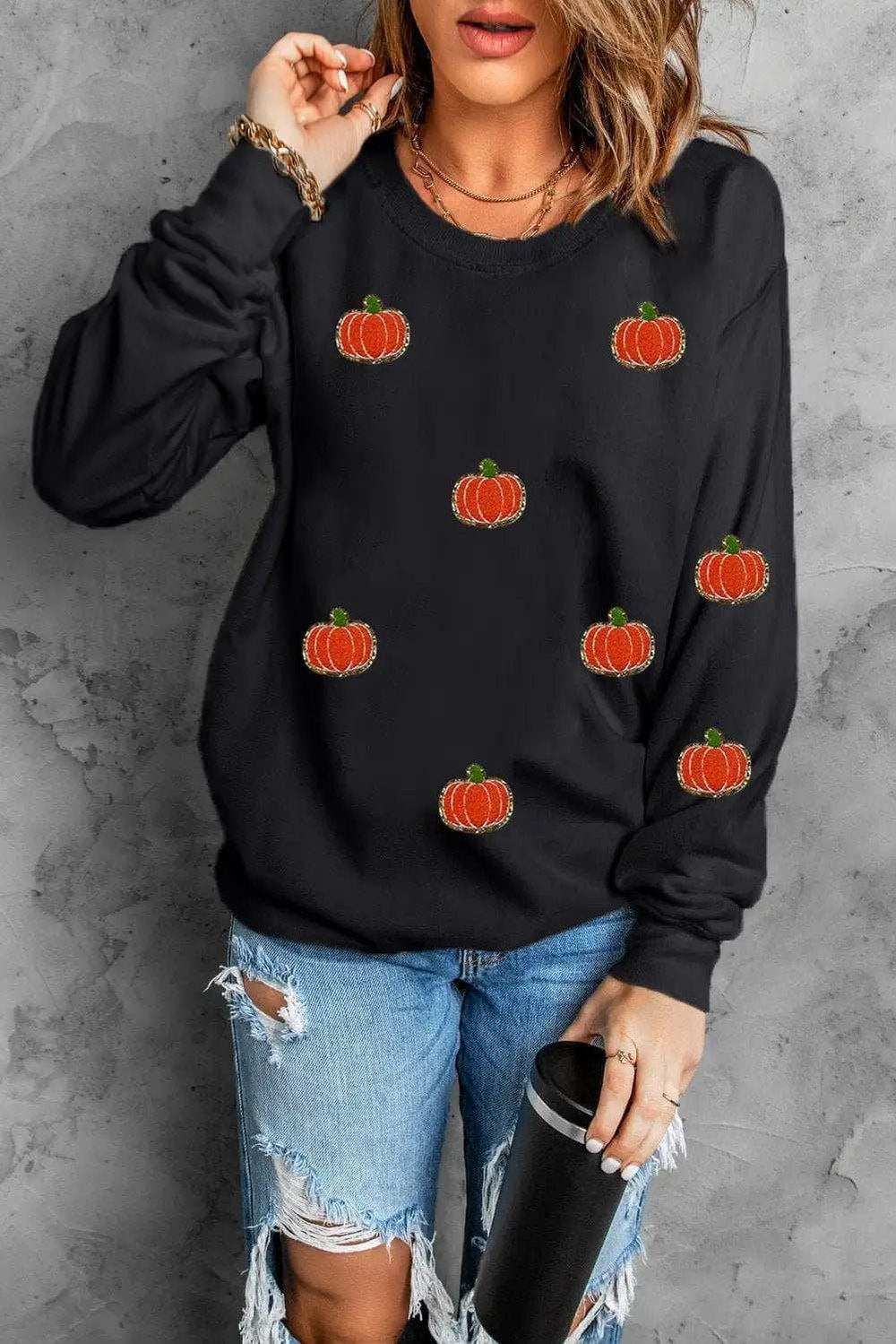 Pumpkin Round Neck Long Sleeve Sweatshirt - Trendsi - Flyclothing LLC