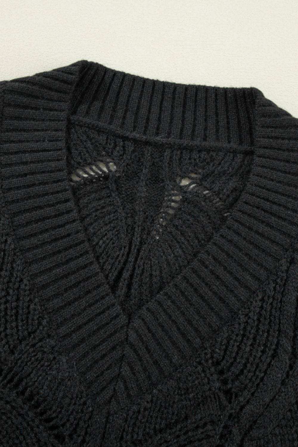 Openwork V-Neck Long Sleeve Sweater - Trendsi - Flyclothing LLC