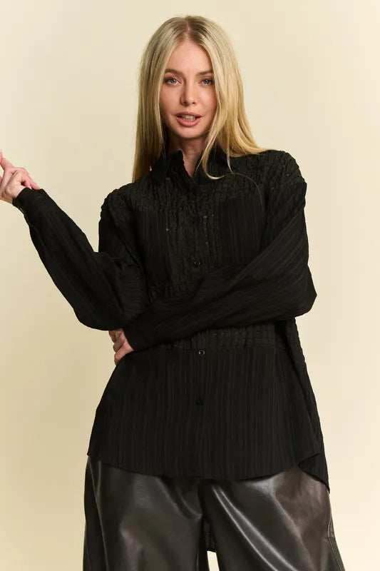 Davi & Dani Crinkled Jacquard Button Down Shirt - Trendsi - Flyclothing LLC