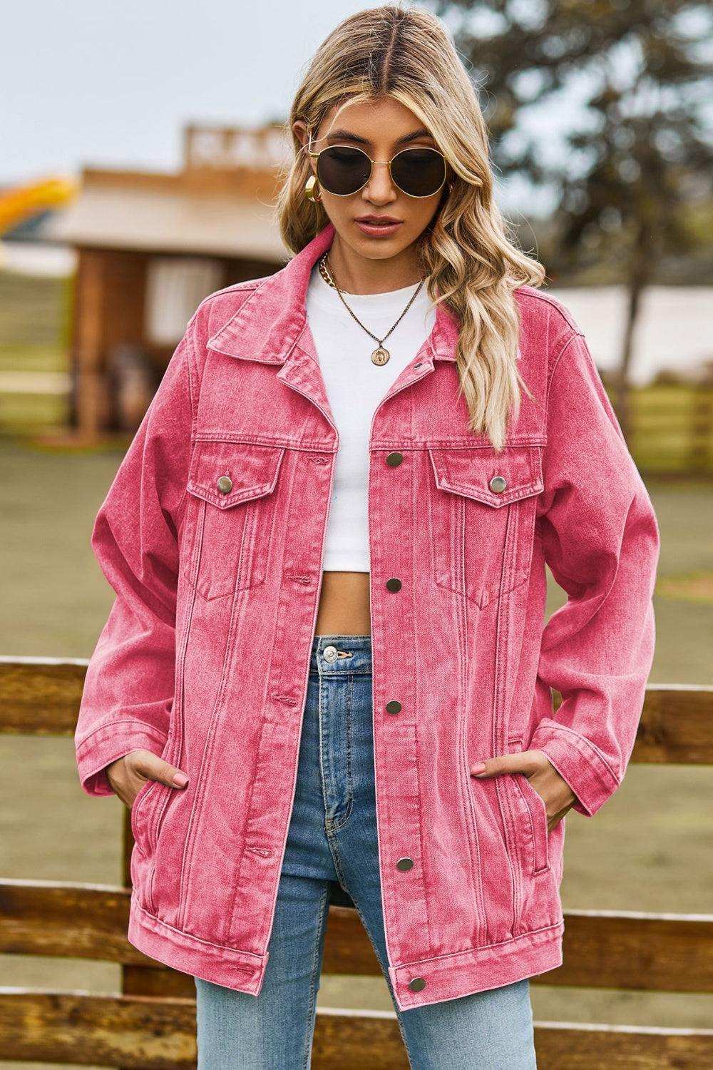 Buttoned Collared Neck Denim Jacket with Pockets - Trendsi - Flyclothing LLC