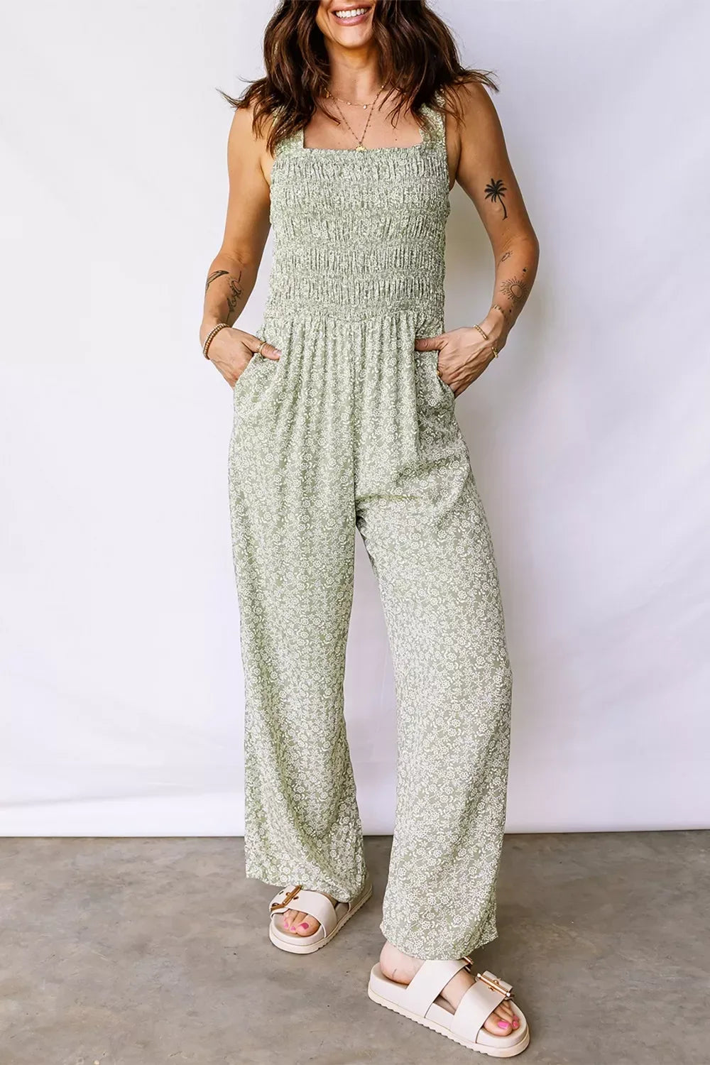 Smocked Bodice Square Neck Sleeveless Floral Jumpsuit - Trendsi - Flyclothing LLC
