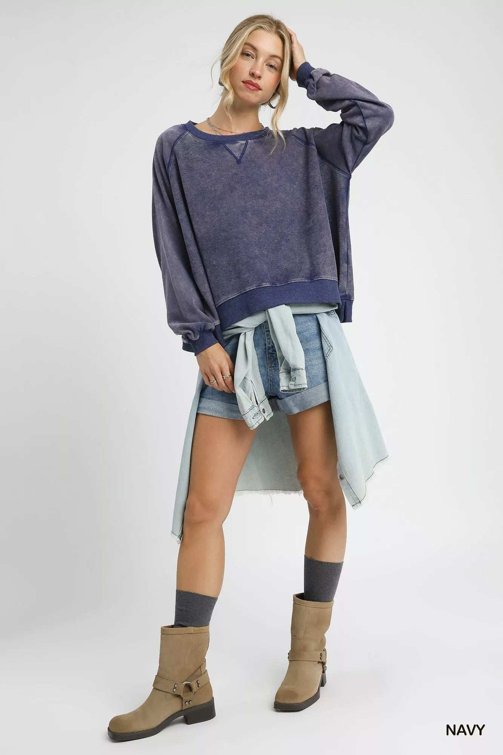 Umgee Mineral Wash French Terry Sweatshirt - Trendsi - Flyclothing LLC