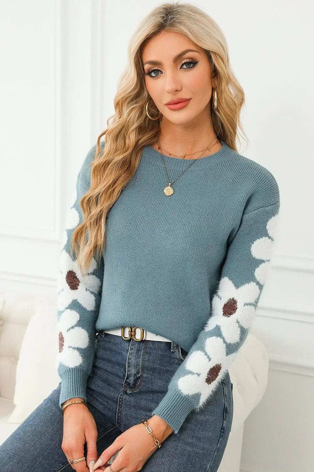 Flower Round Neck Long Sleeve Sweater - Trendsi - Flyclothing LLC