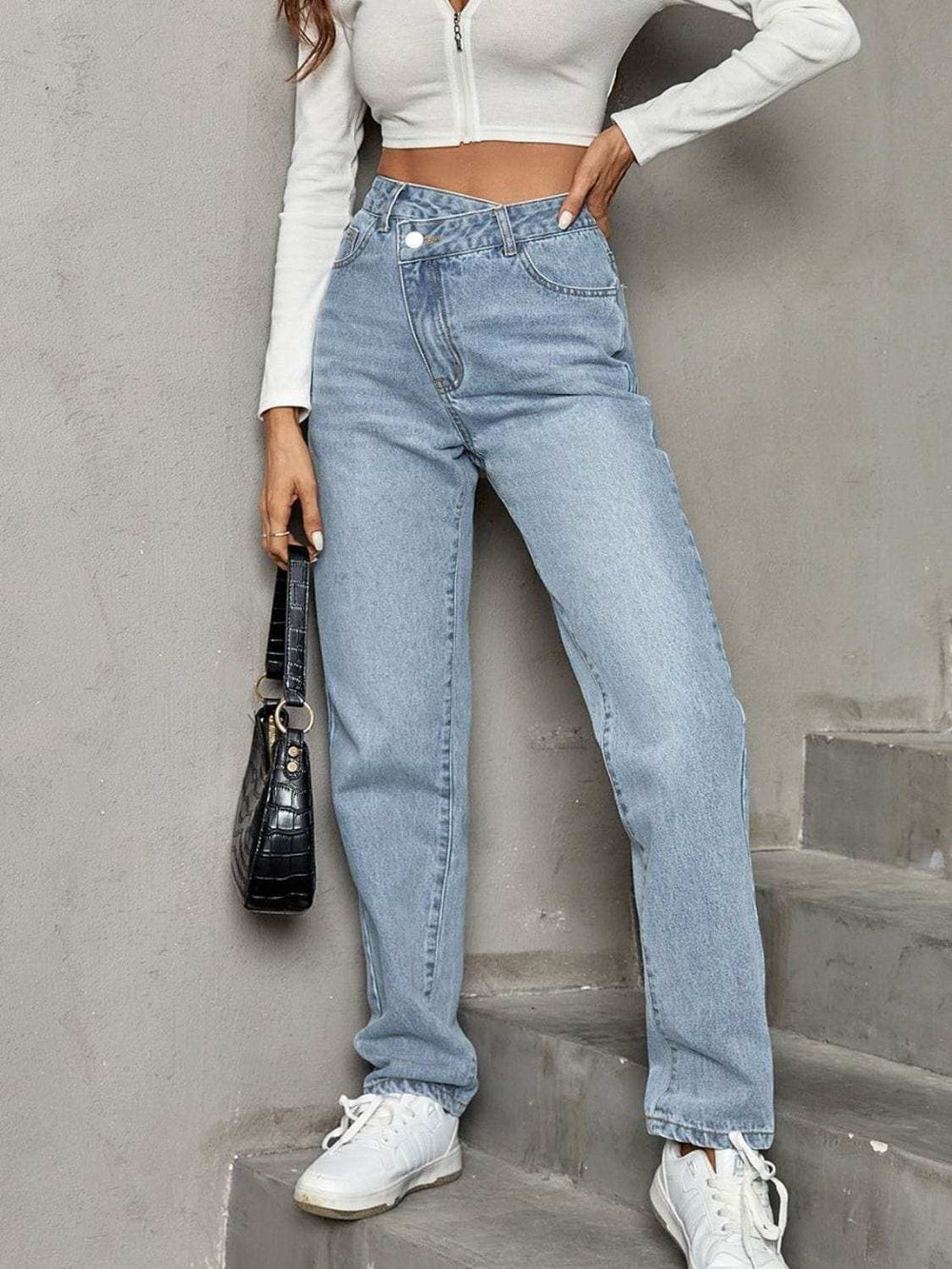 Asymmetrical Waist Straight Leg Jeans - Trendsi - Flyclothing LLC