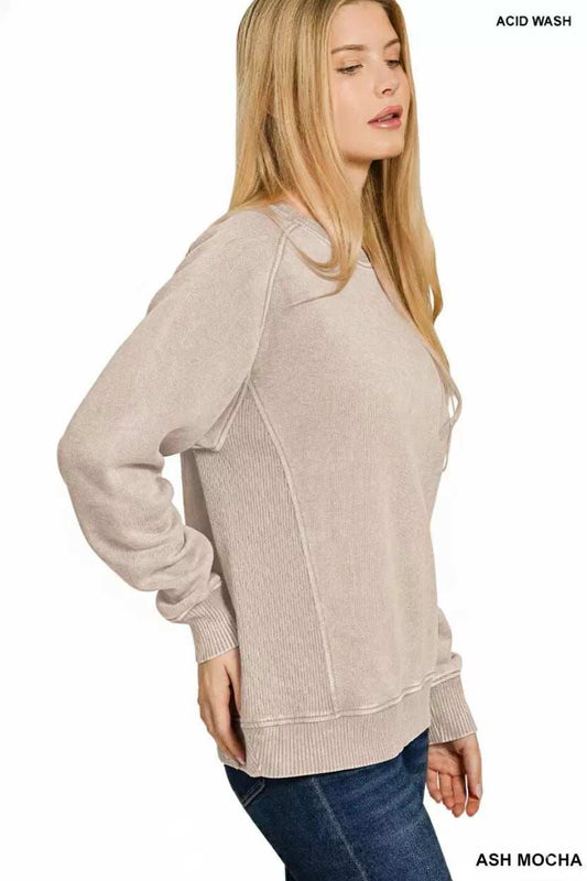 Zenana Acid Washed Fleece Sweatshirt with Side Rib - Trendsi - Flyclothing LLC