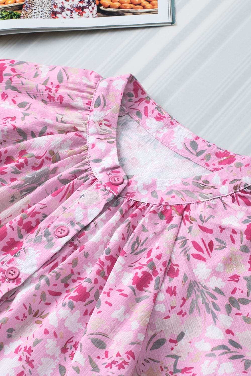 Floral Half Button Round Neck Short Sleeve Blouse - Trendsi - Flyclothing LLC