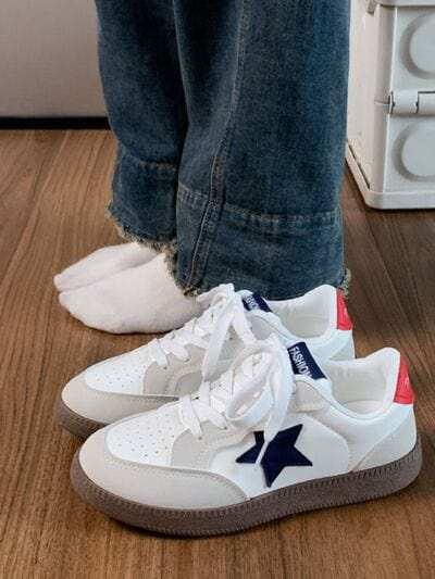 Contrast Star Lace-Up Athletic Sneakers - Trendsi - Flyclothing LLC