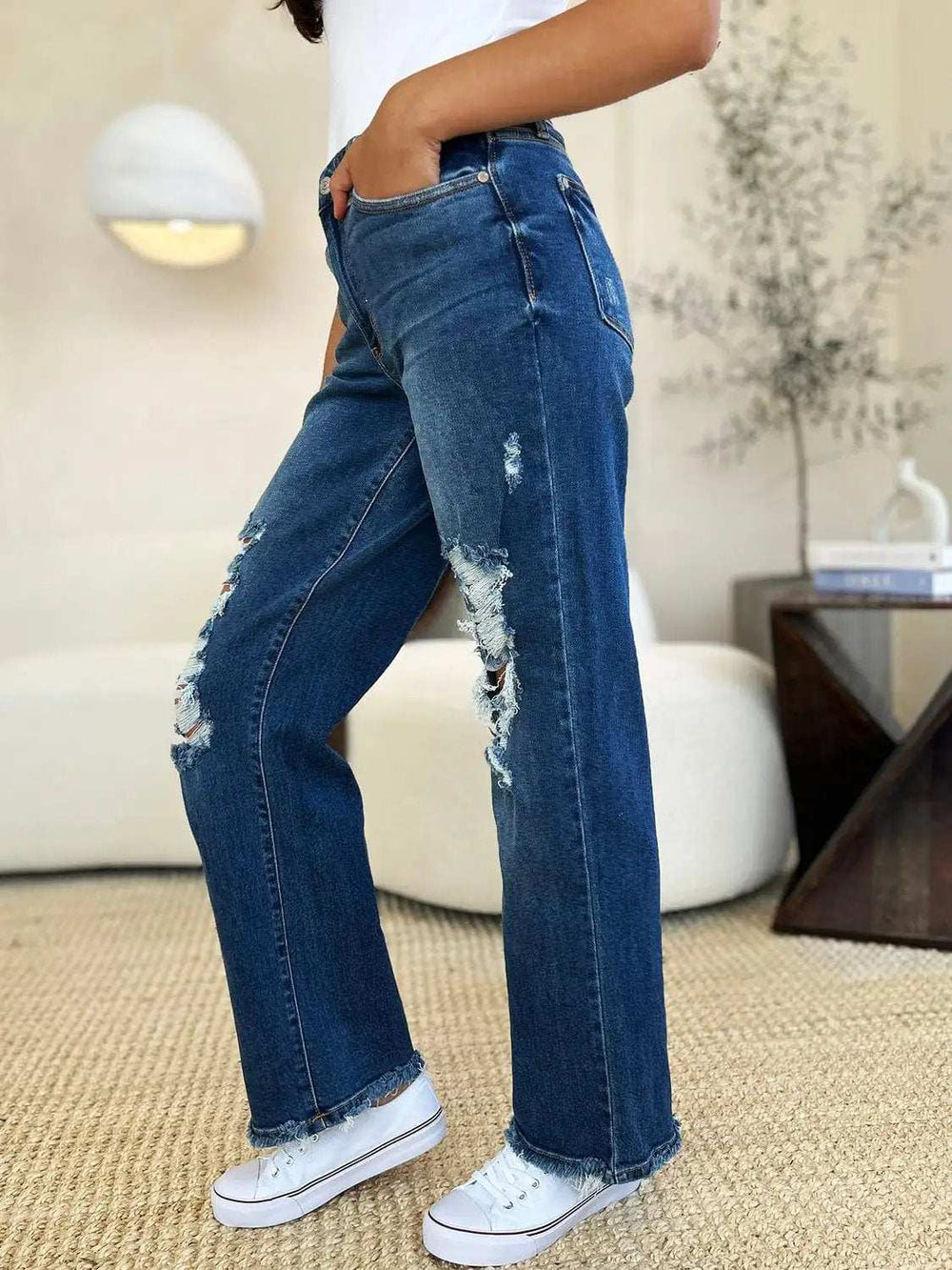 Judy Blue Full Size Mid Rise Distressed Raw Hem Jeans - Trendsi - Flyclothing LLC