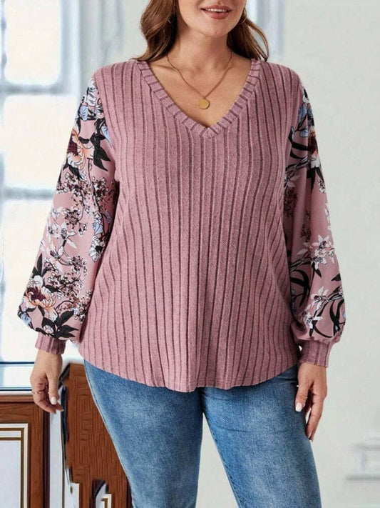 Plus Size Printed V-Neck Long Sleeve T-Shirt - Trendsi - Flyclothing LLC