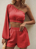 One Shoulder Long Sleeve Top and Shorts Set - Trendsi - Flyclothing LLC