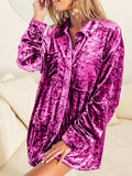 Collared Neck Long Sleeve Velvet Shirt - Trendsi - Flyclothing LLC